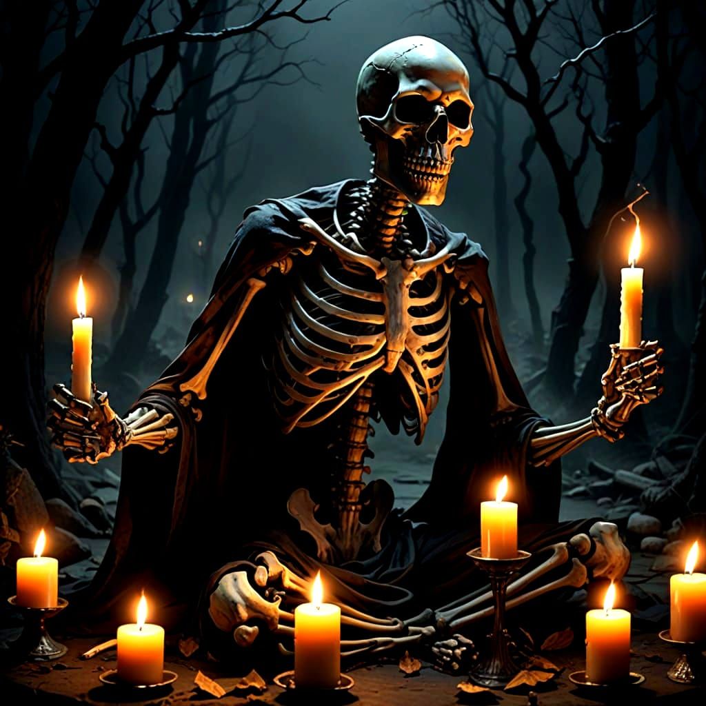 It is dark. lit with a few flickering candles. You are not alone .