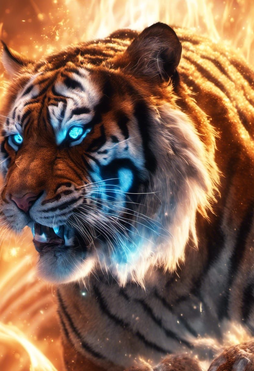 Obese Tiger with Blue Eyes in Fiery Fantasy Art