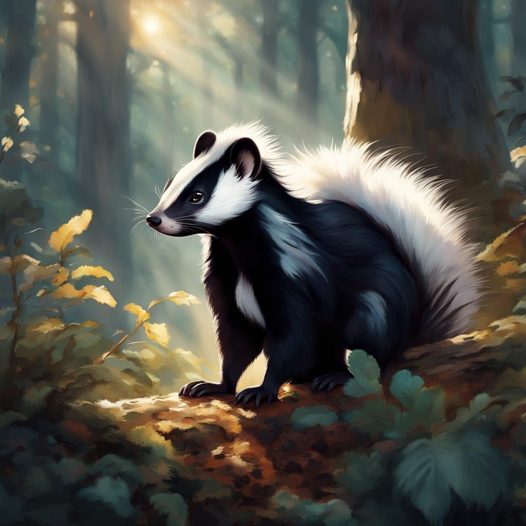 Vibrant Watercolor Anime Skunk in Mystical Moonlit Forest