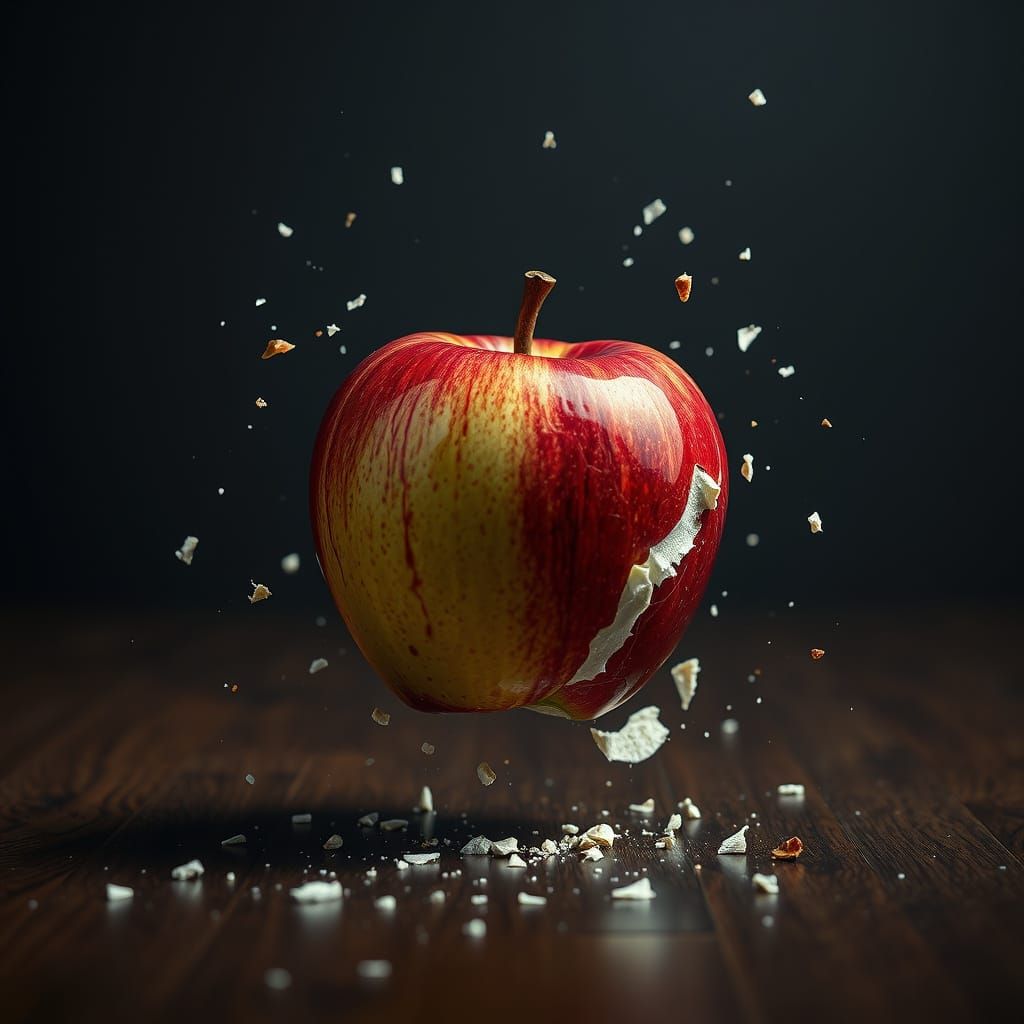 Ceramic Apple Splinters on Hardwood Floor in Hyper-Realistic...