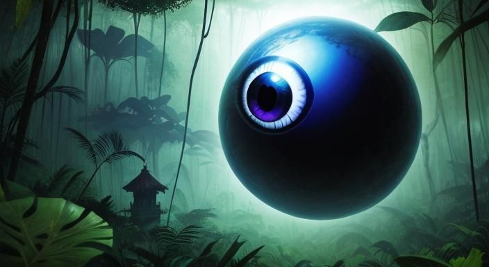 Ethereal Eyeball Levitating in Dark Jungle Landscape
