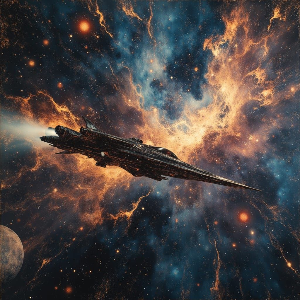 Futuristic Spaceship Near Alien Planet in Cosmic Nebula