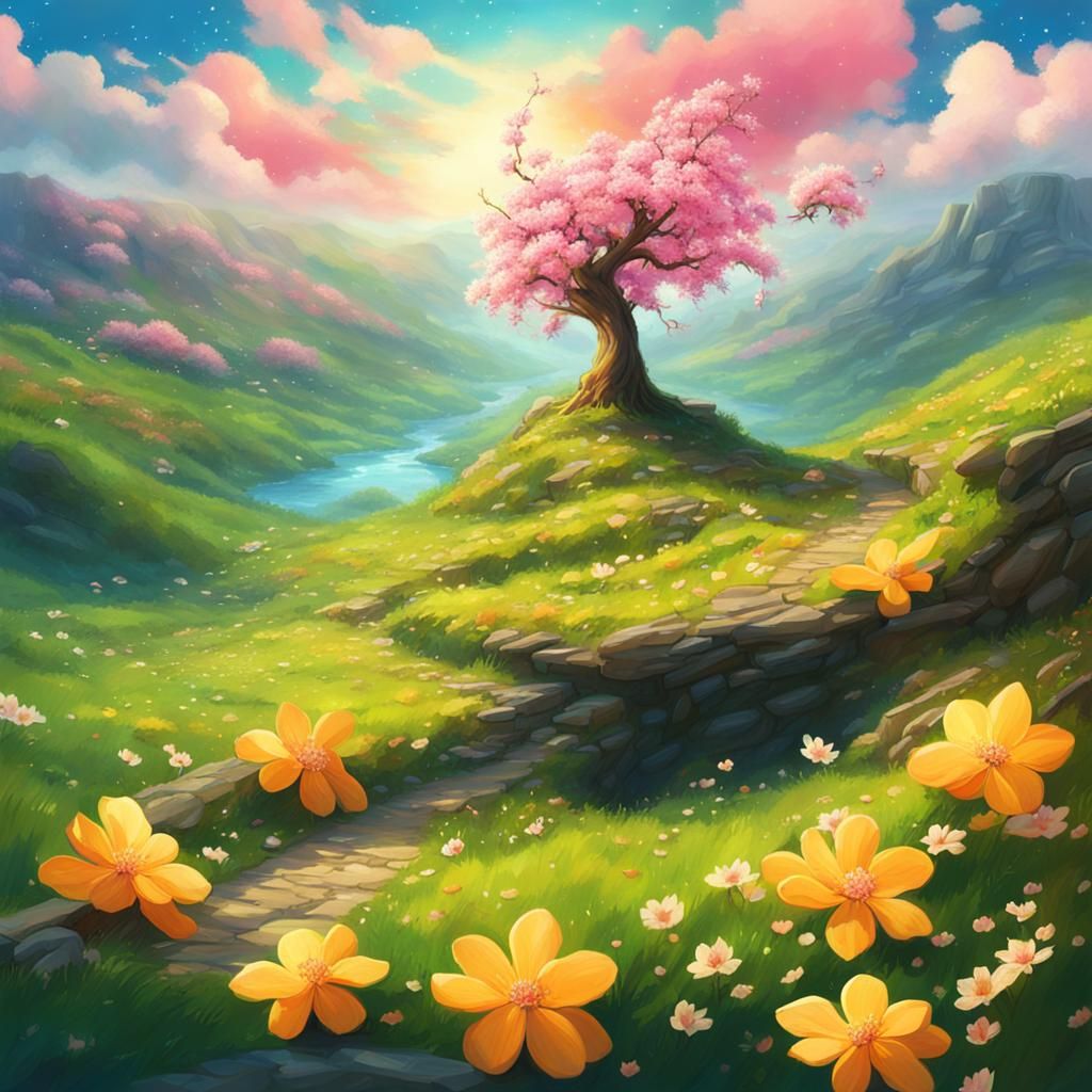 Cosmic Cherry Blossom Tree in Anime Fairycore Style