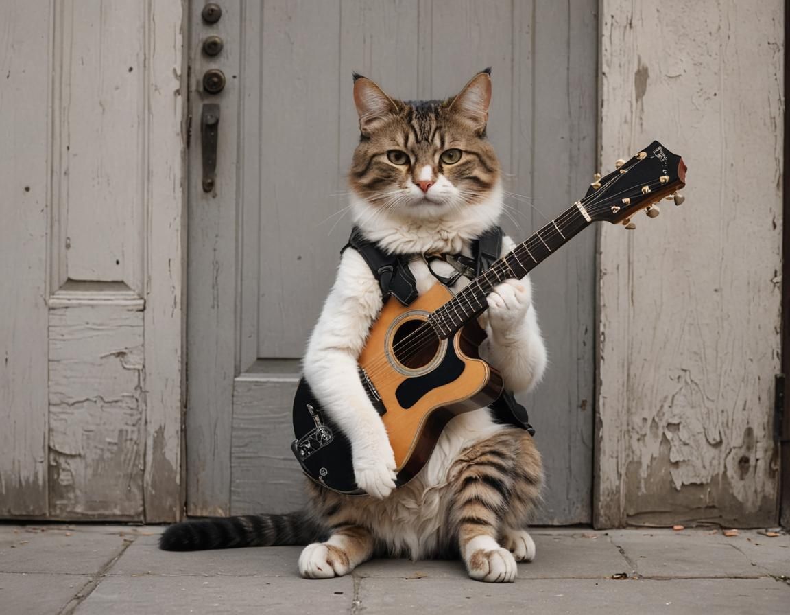 Optimistic Cat Disguised with Guitar