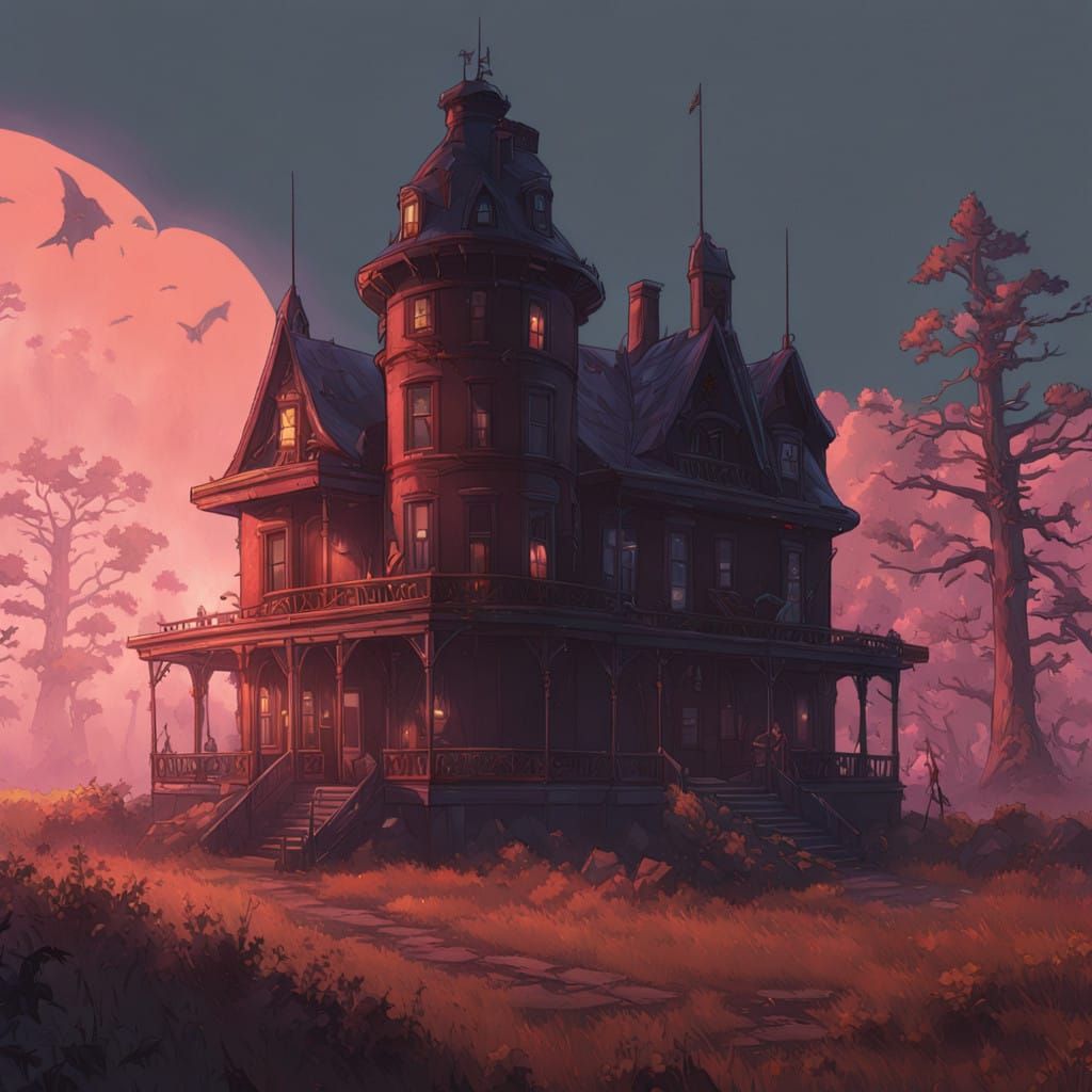 Blonde Vampire Goddess in Crimson Gown, atop Gothic Castle