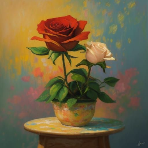 Neo-Impressionist Dog Beside Blooming Rose Oil Painting