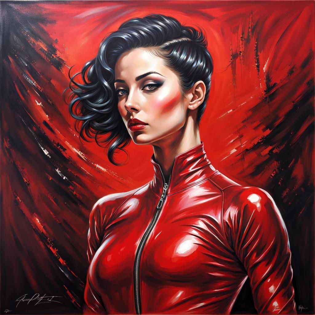 Gymnast in Red Latex: Gothic Oil Painting