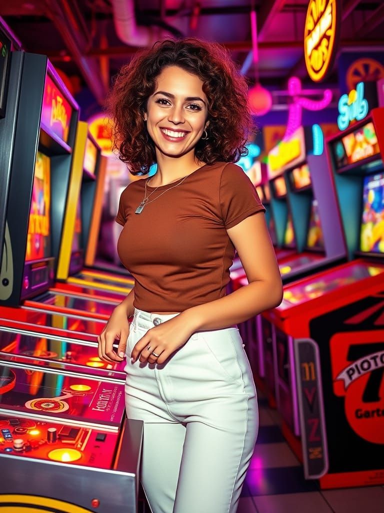 Retro Arcade Goddess Plays Pinball in Neon-Lit 80s Arcade