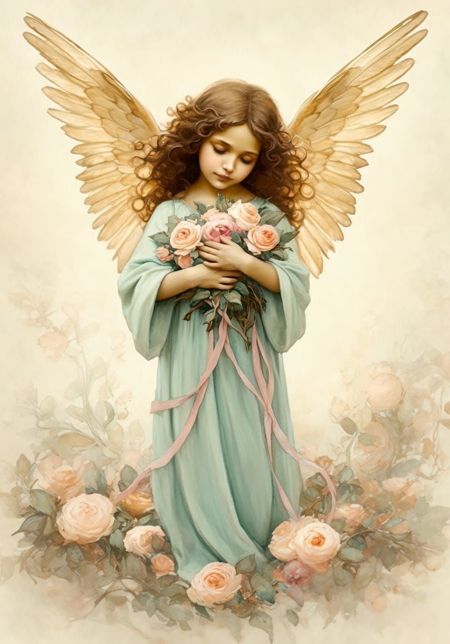 Whimsical Angel Reaches for Roses in a Dreamy Floral Oasis