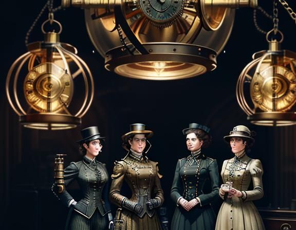 Steampunk Women in Time Machine: Victorian-Era Aesthetic