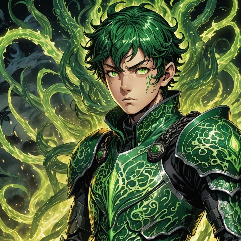 Eldritch Anime Boy in Green Fire Armor