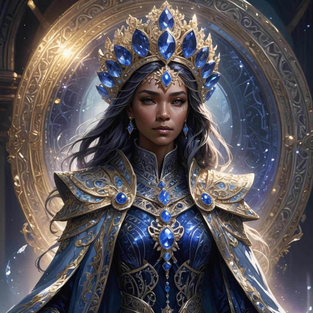 Sapphire Archmage Queen Portrait in Art Nouveau Style