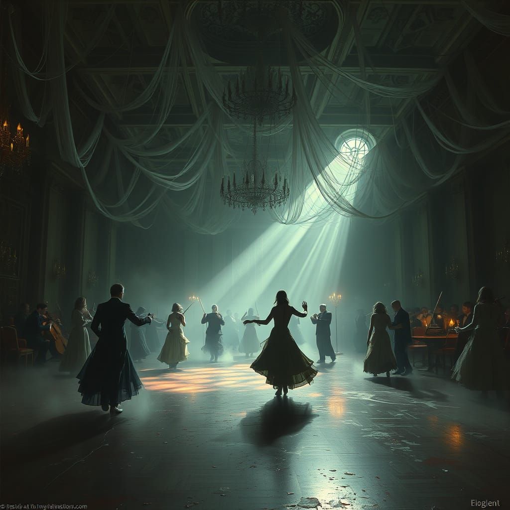 Ethereal Ballroom Dance of Ghosts in Dark Fantasy Style