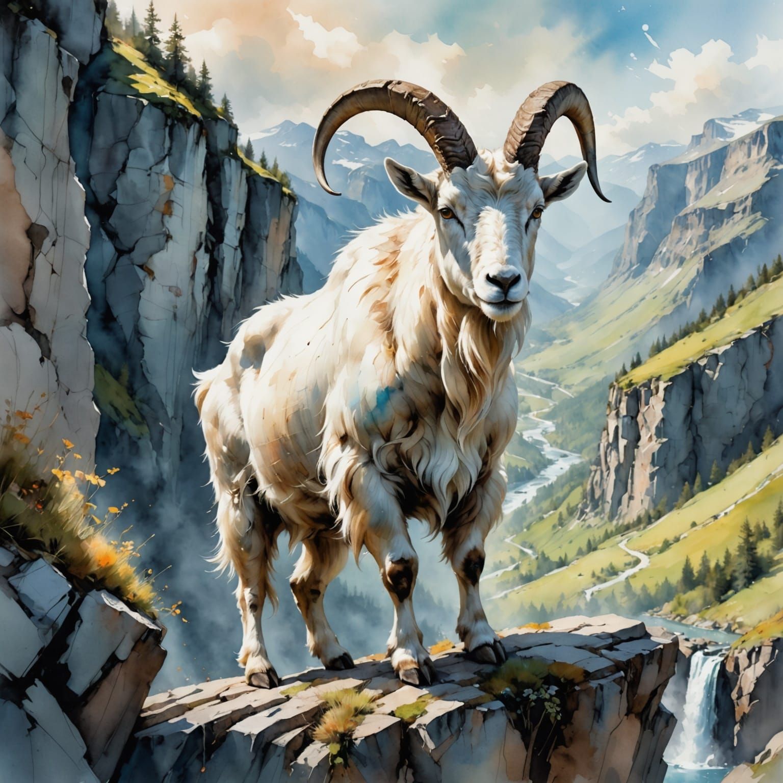 Mountain Goat on Ledge Overlooking Ravine Watercolor Paintin...