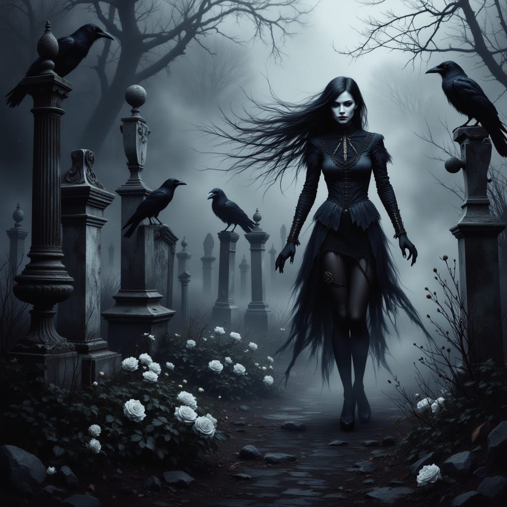 Victorian Woman in Graveyard with Ravens