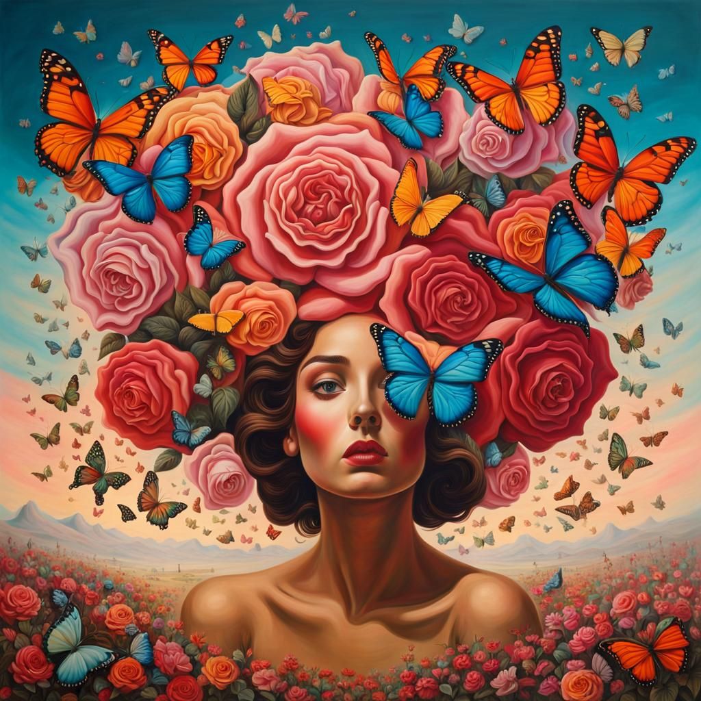 Surreal Rose Portrait with Butterflies in Dreamlike Style