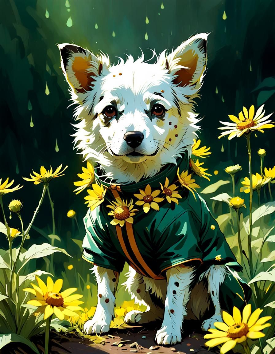 Adorable Jackaranian in Vibrant Silphium Flowers Costume