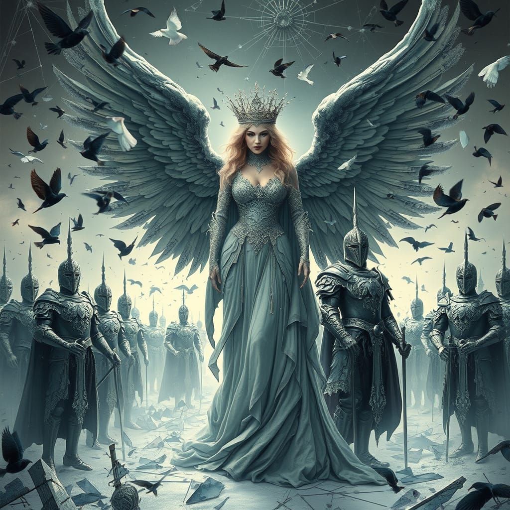 Regal Angel of Winter Kingdom Surrounded by Shattered Mirror...