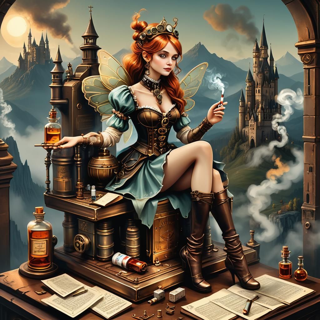 Steampunk Fairy with Cognac and Cigarette
