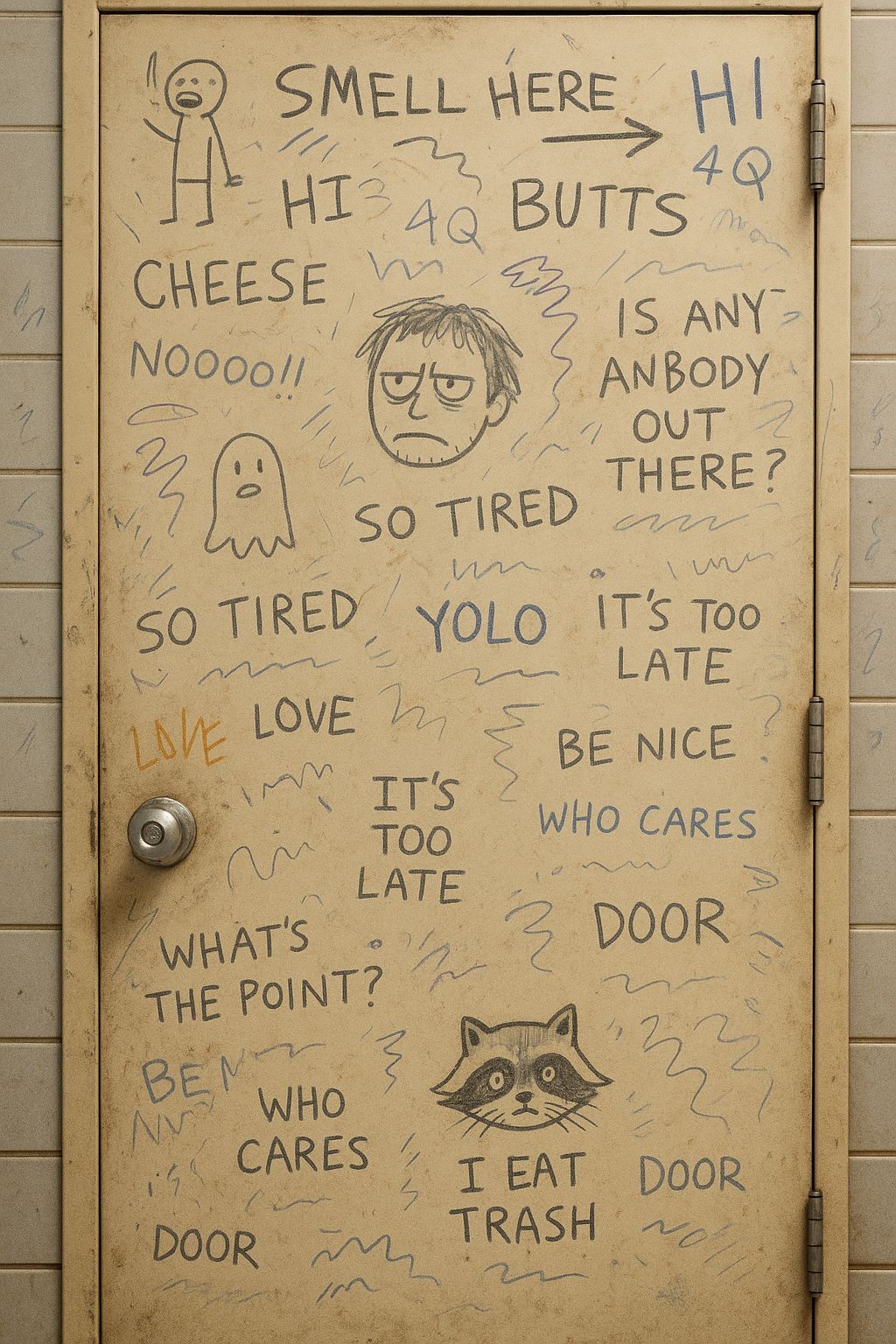 Vandalized Bathroom Door with Graffiti