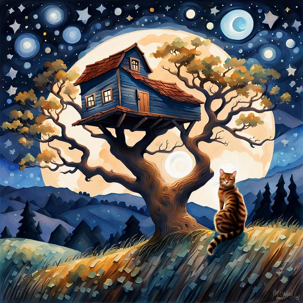 Barn Cat in Oak Tree: Impressionist Watercolor