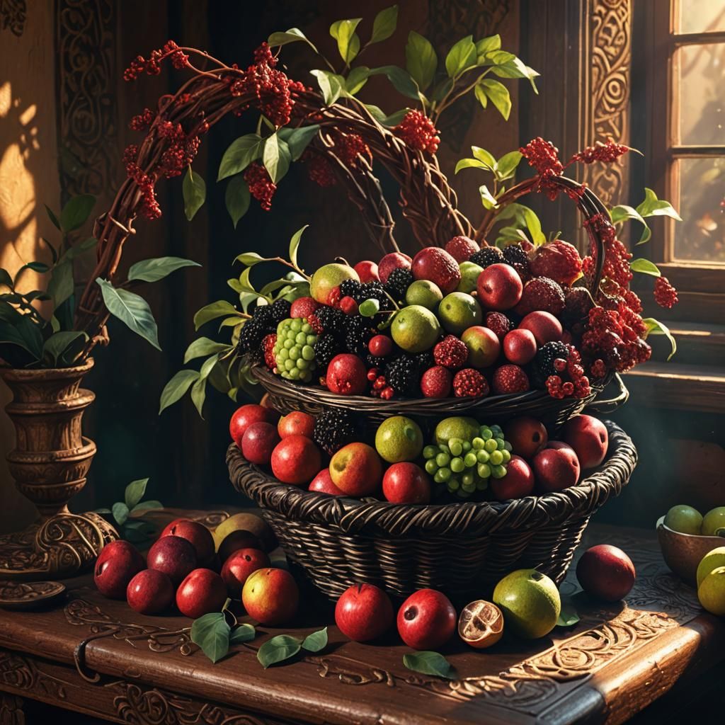 Fantasy Still Life: Black Litchies in Crimson Basket