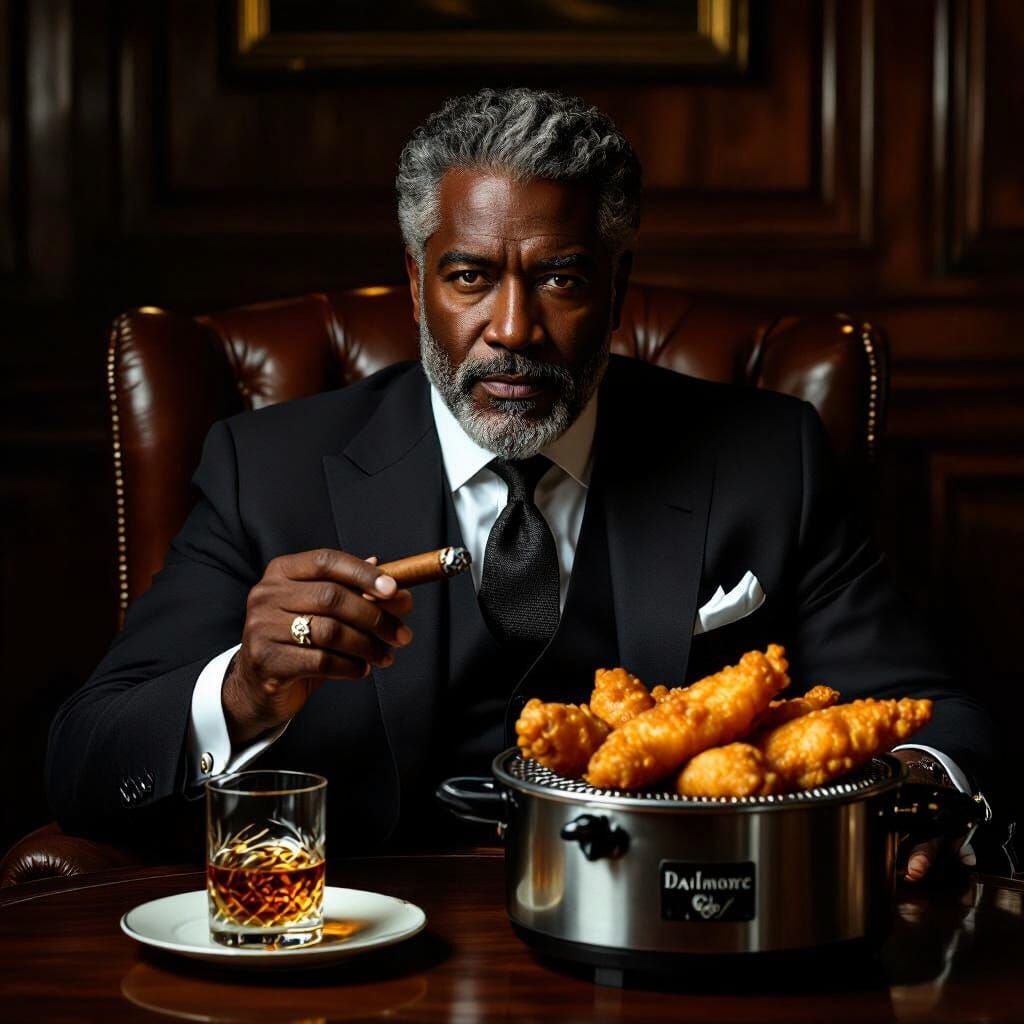 Distinguished Man Enjoys Whiskey, Cigar, and Fried Fish