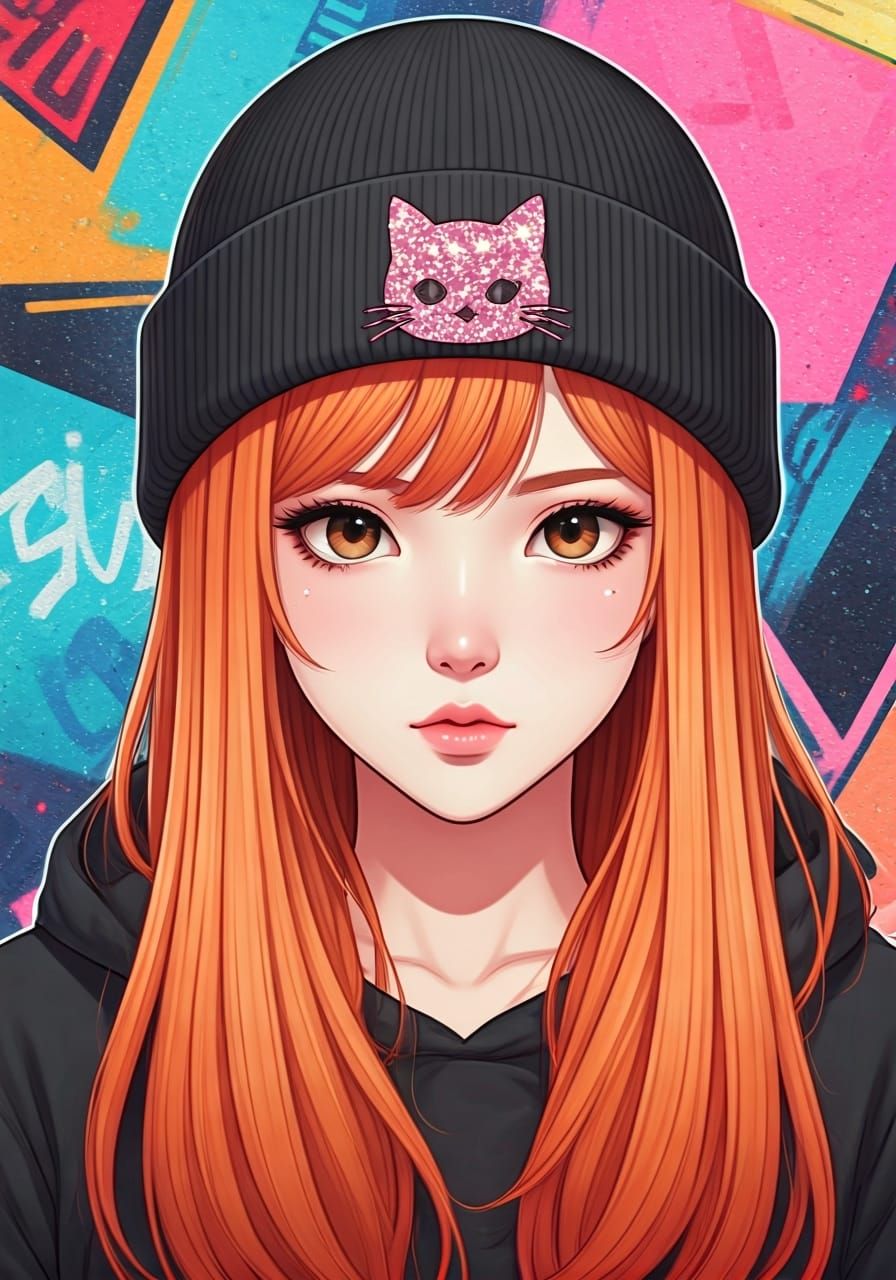 Korean Woman with Cat Beanie in Shoujo Anime Style