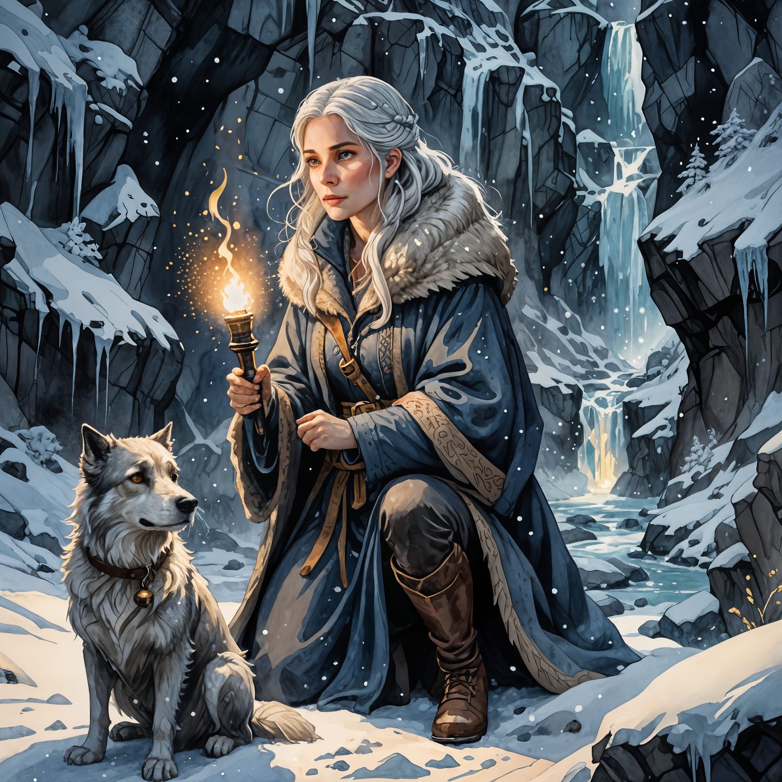 Winter Meadow: Woman, Dog and Frozen Waterfall