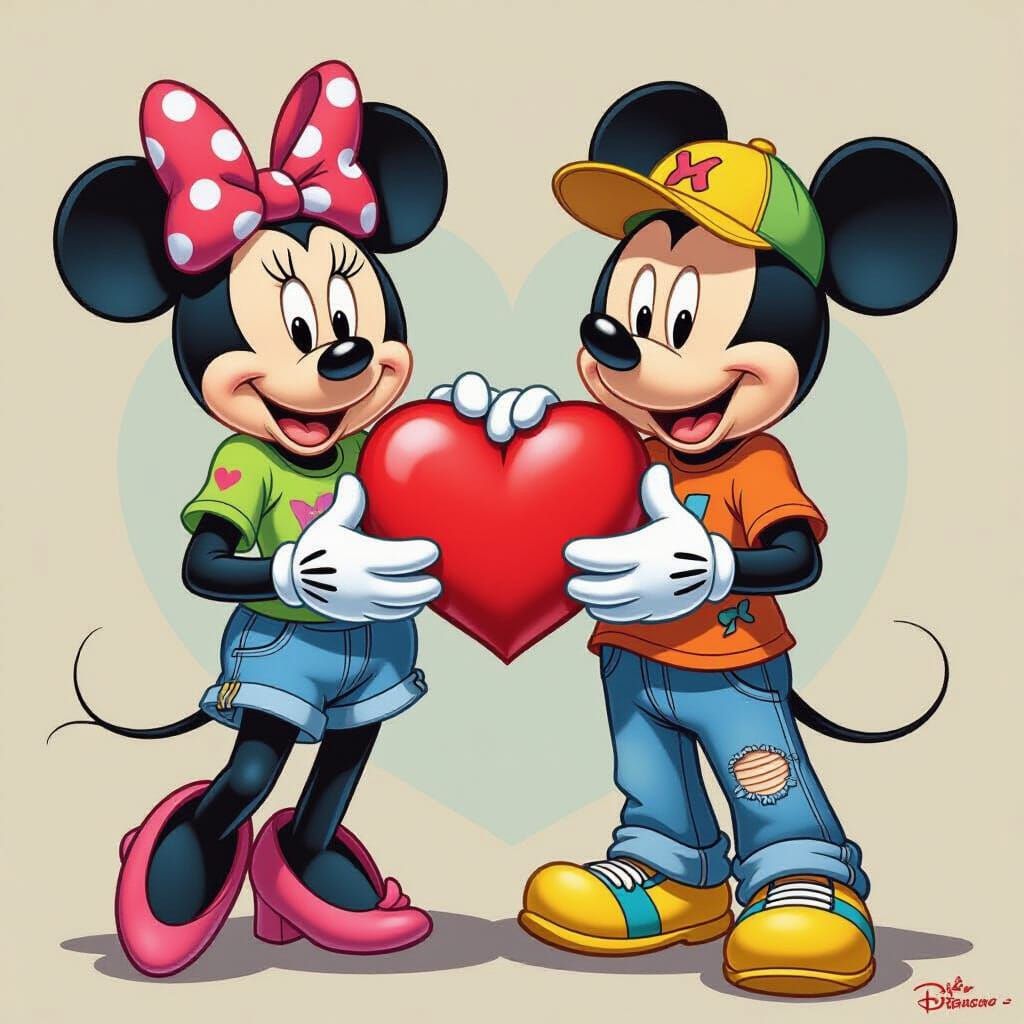 Minnie & Mickey Hold Heart in Trendy Outfits