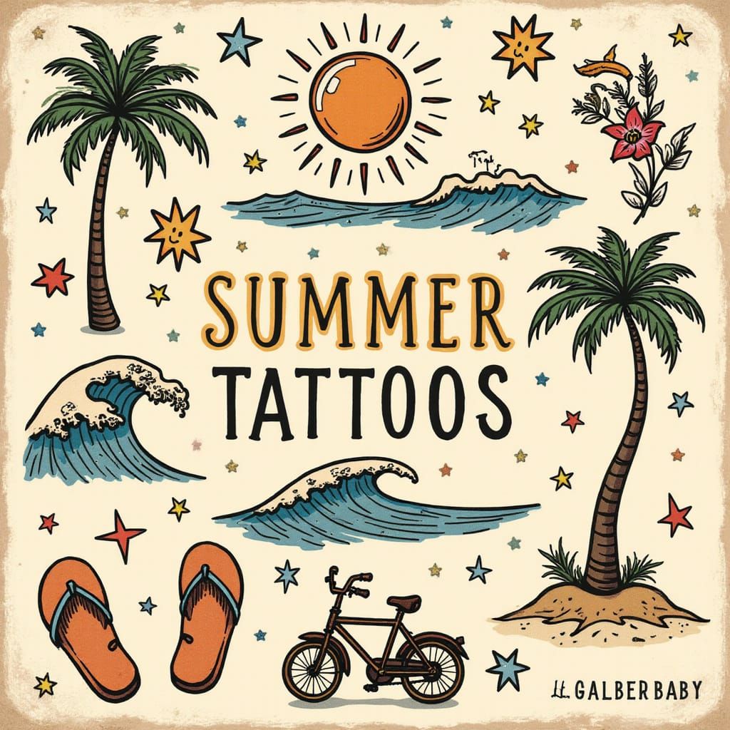 Vintage Summer Tattoo Flash Sheet in Sailor Jerry Style