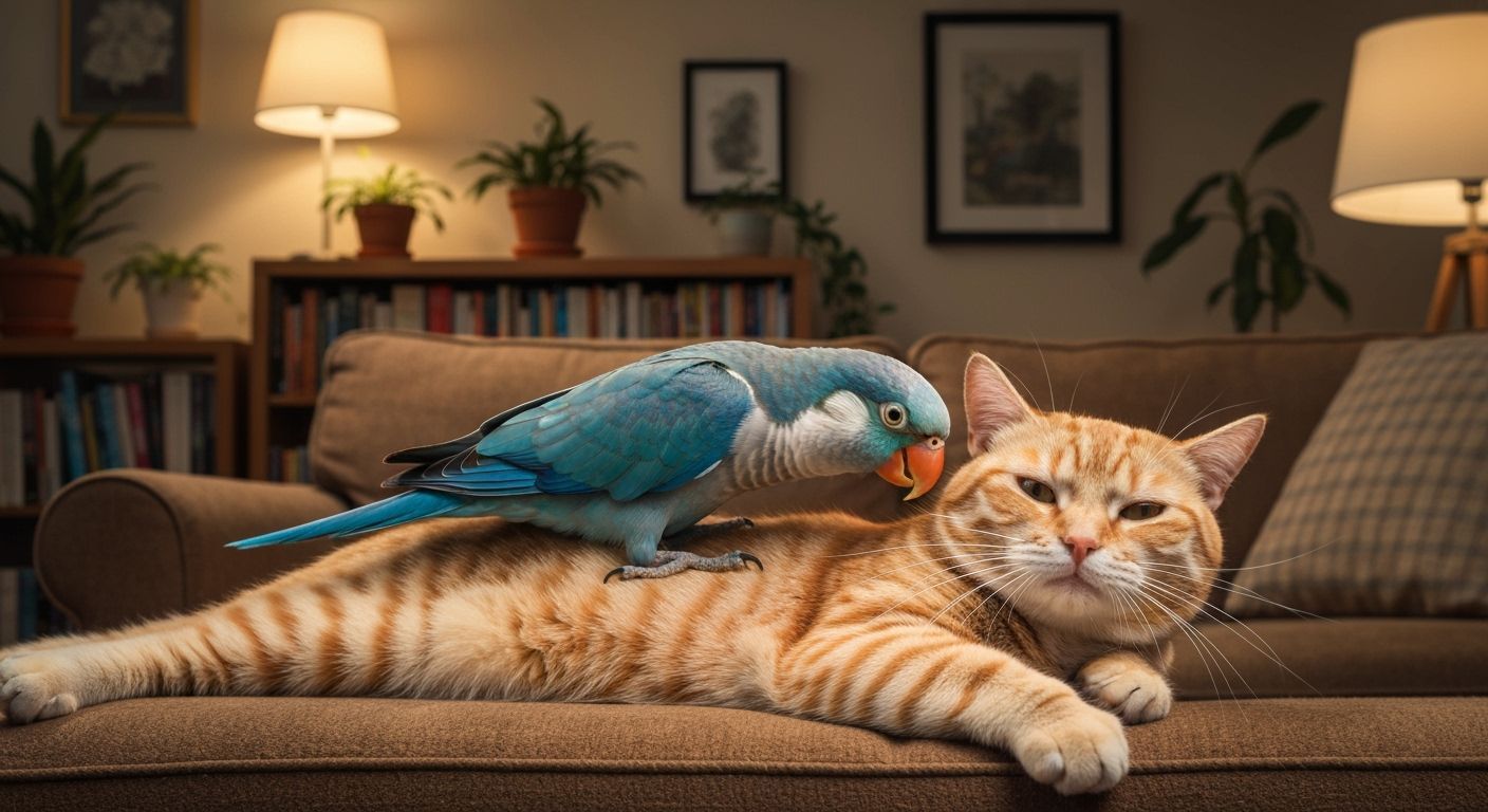 Blue Quaker Parrot and Cat on Couch in Soft Light