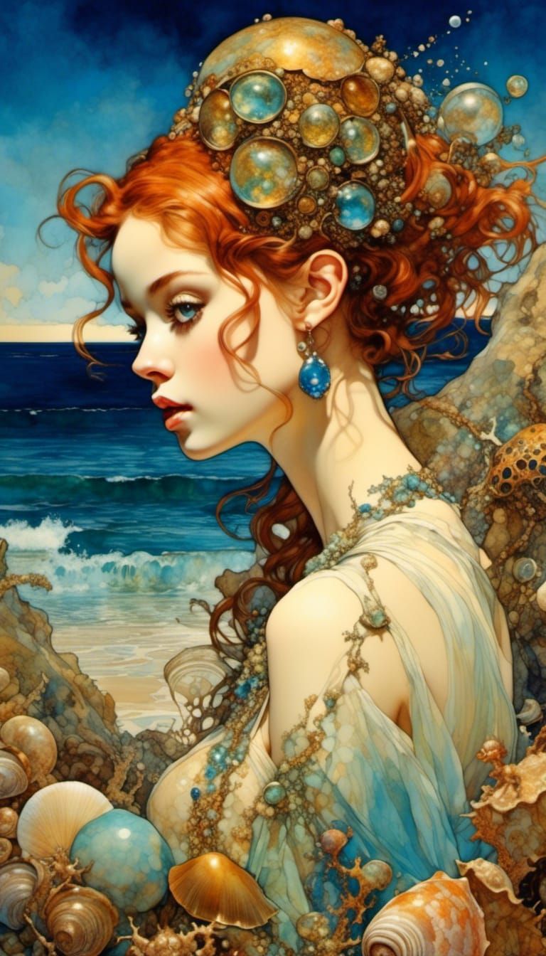 Fantastical Copper-Haired Girl on a Beach as Abstract Art