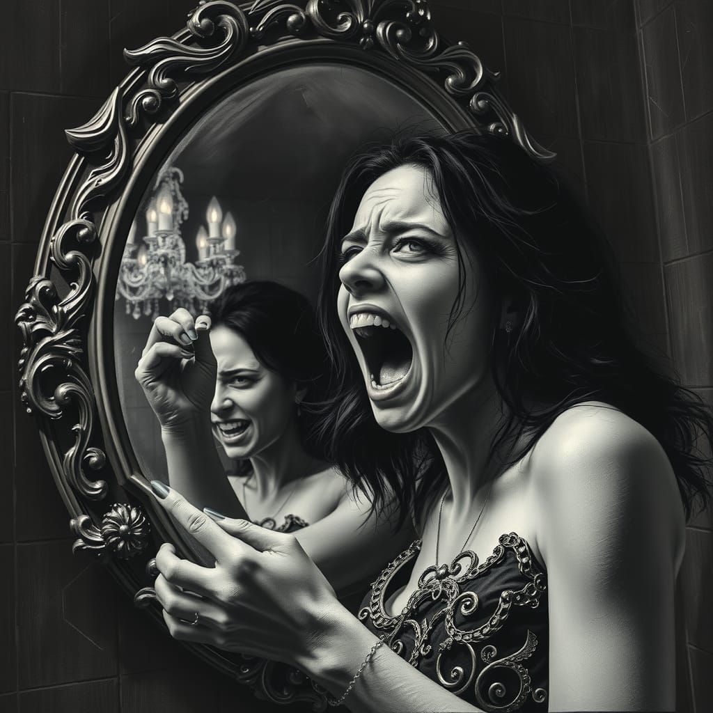 Anguished Woman Screaming into Antique Mirror