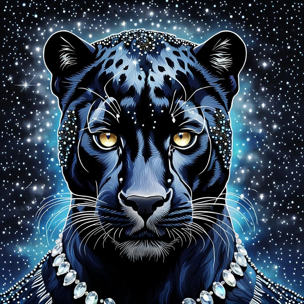 Bejeweled Black Panther in Starry Night Sky