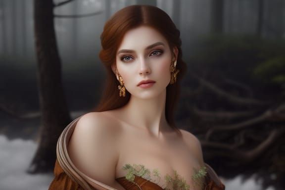 Stunning Woman with Copper Hair in Stormy Forest