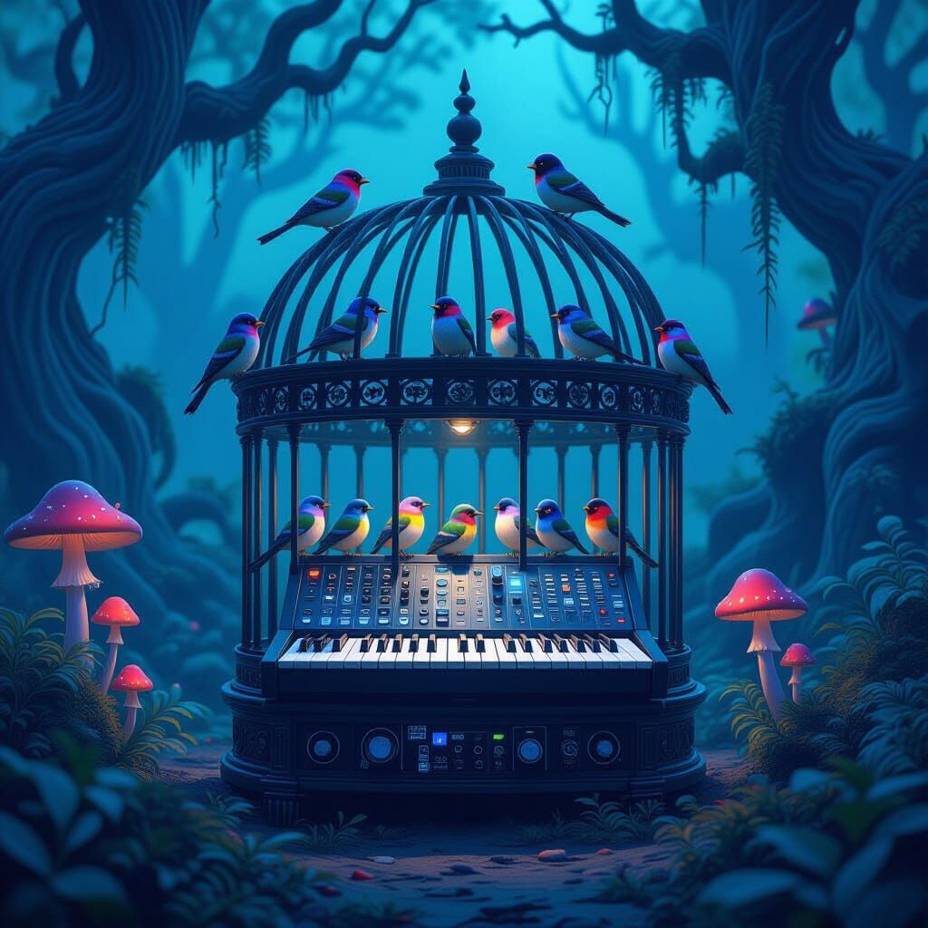 Giant FL Studio Mixer as Birdcage in Dark Fantasy Landscape