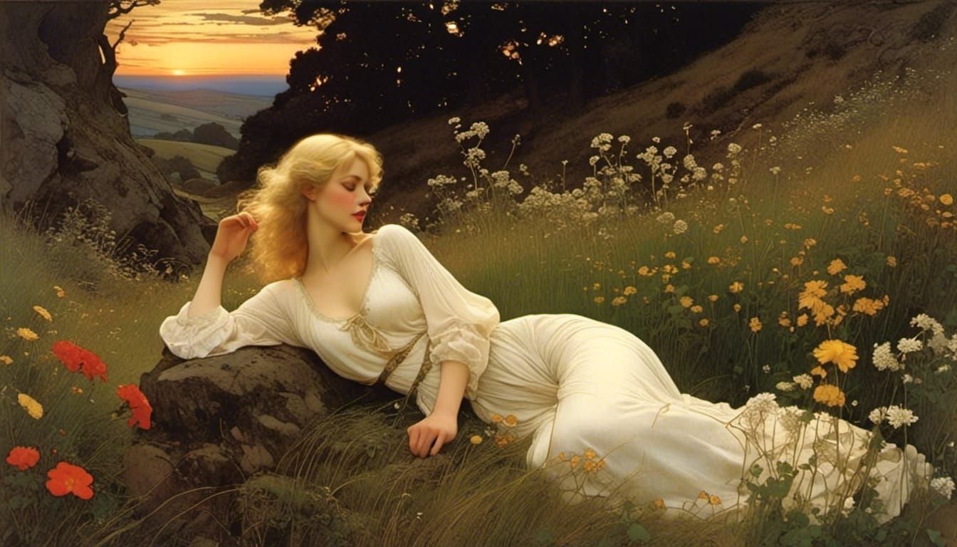 Alpine Meadow with Woman in Wyeth Style