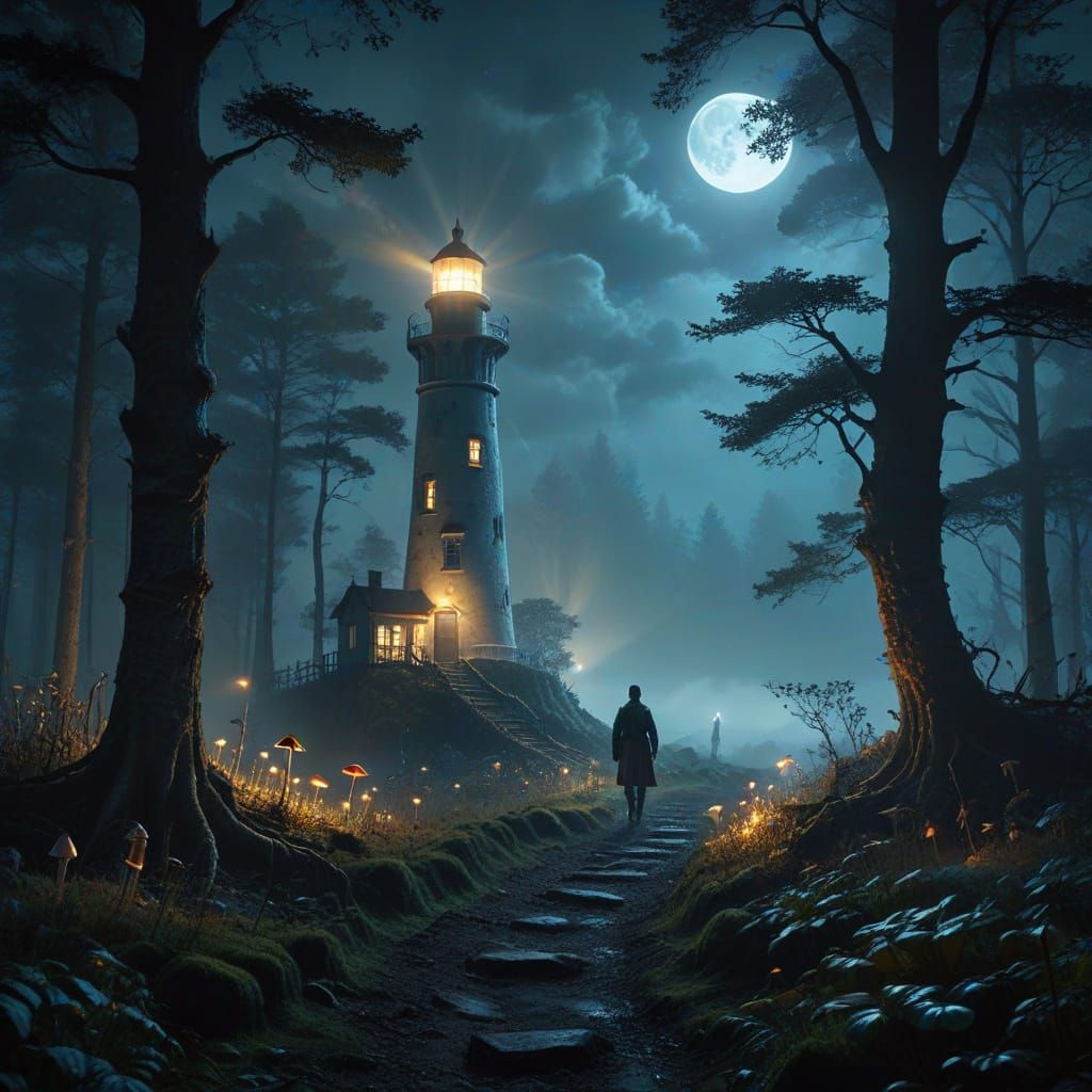 Lighthouse in Misty Forest with Lone Figure