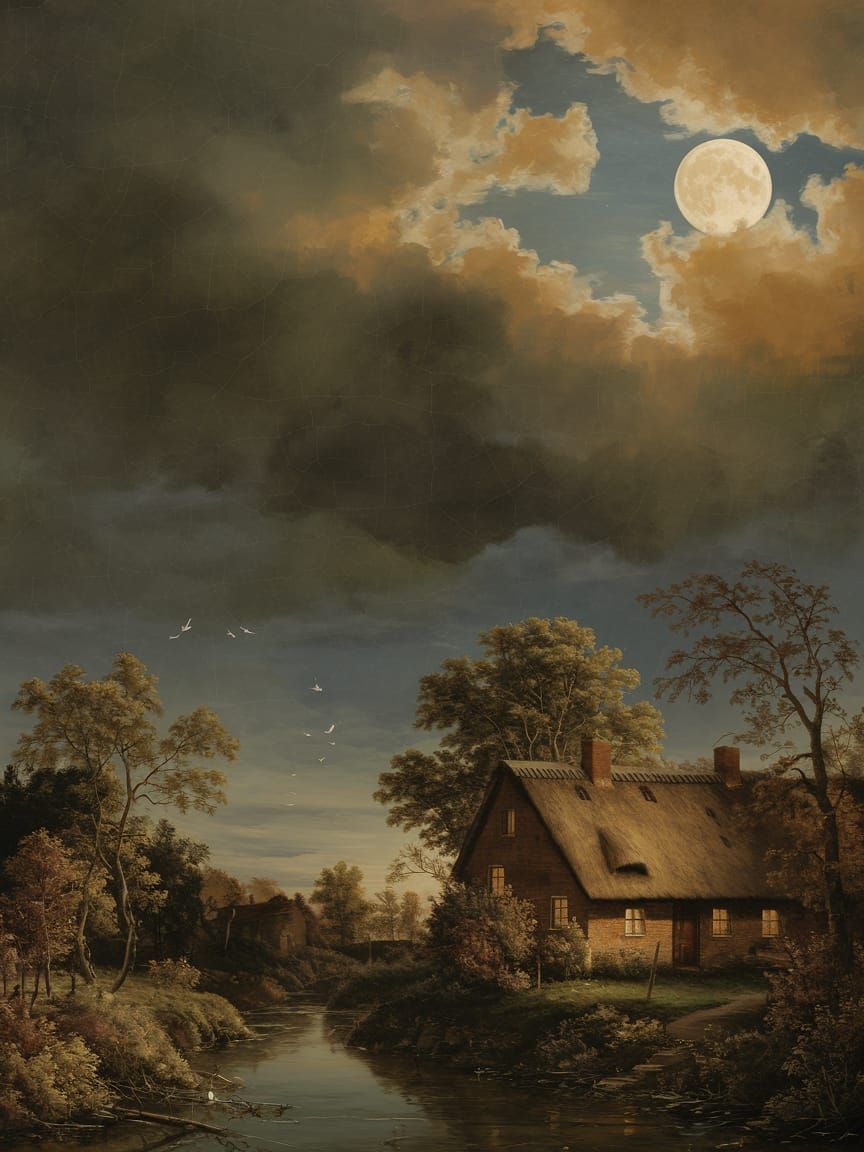 Moonlit Village in a Dark Cloudy Night Landscape