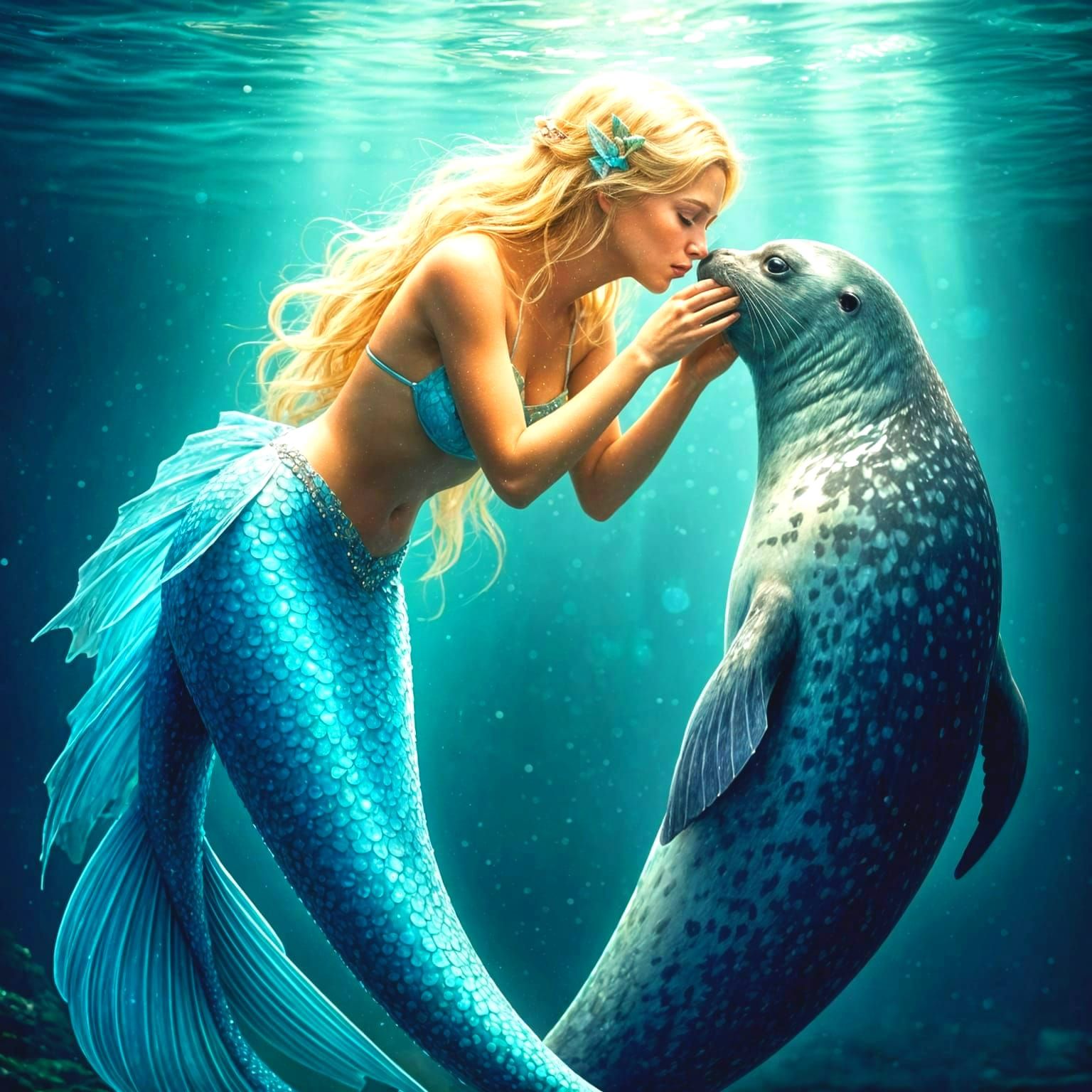 Ethereal Mermaid Kissing Seal in Turquoise Water