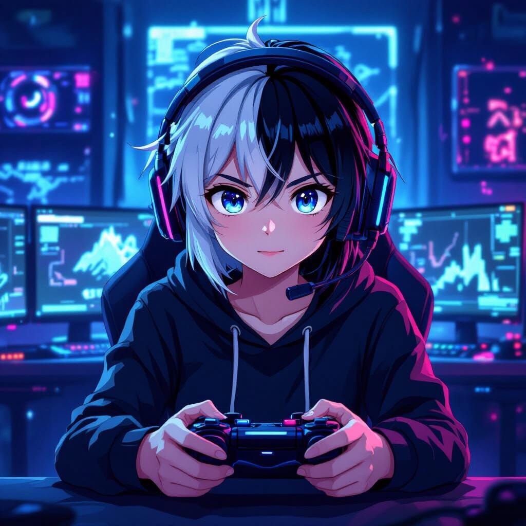 Cute Anime E-Gamer with Black and White Hair