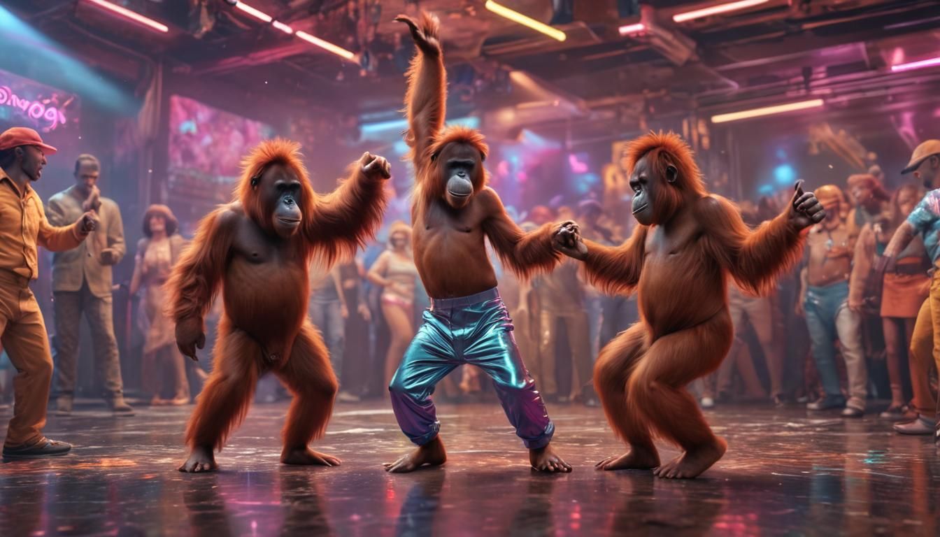 Cyberpunk-Style Orangutans Breakdance in a Glowing Disco