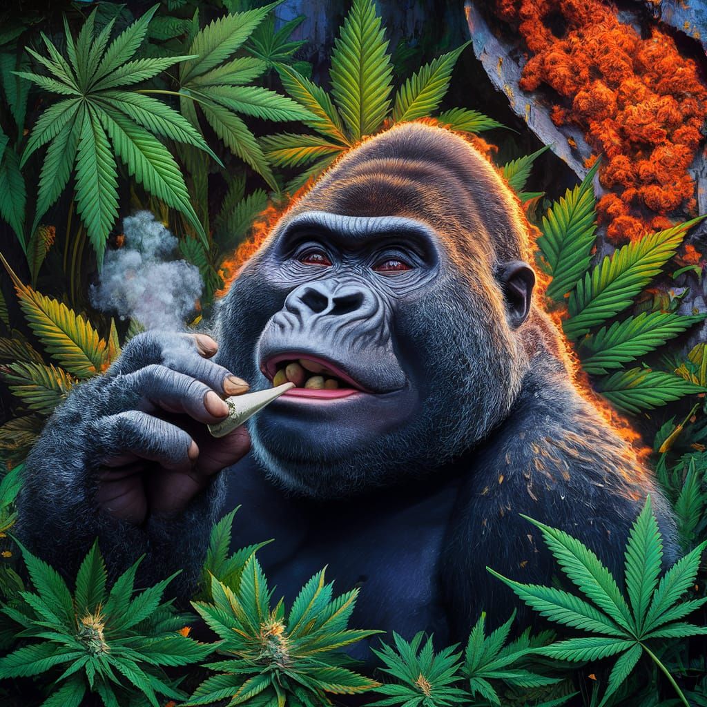 Happy Gorilla Graffiti Art in Cannabis Jungle