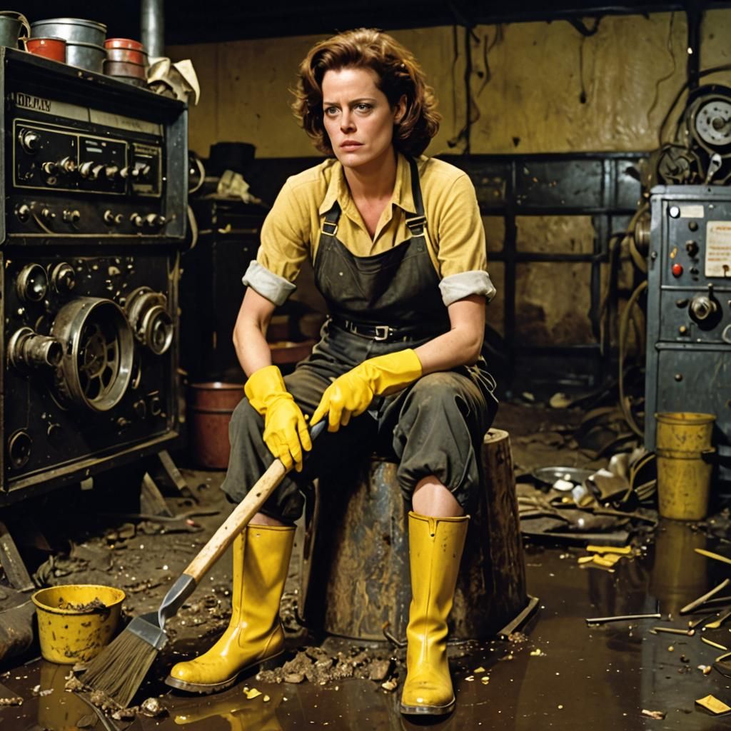 Charwoman Cleaning Dilapidated Cinema Floor