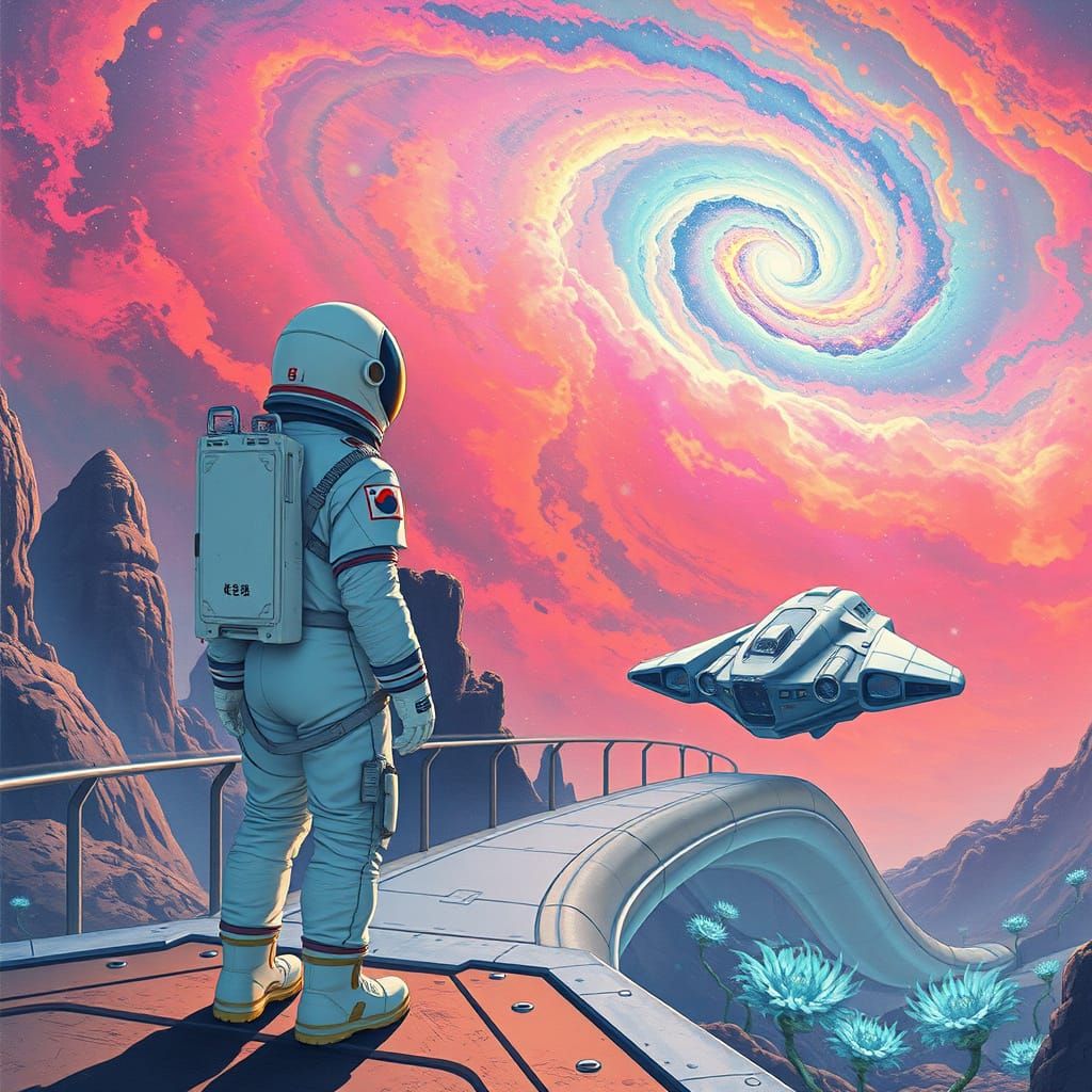 Korean Astronaut on Alien Planet in Futuristic Style