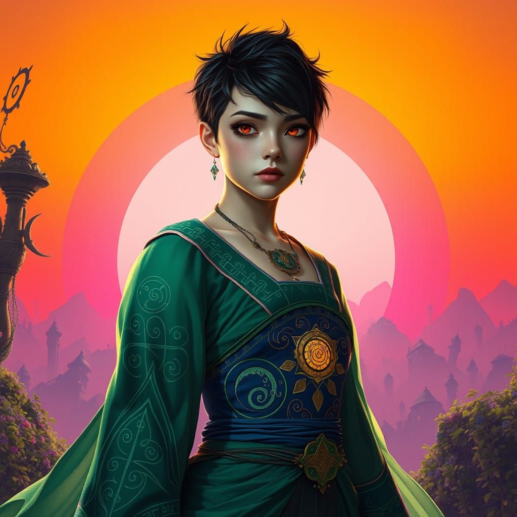 Mystical Fantasy Warrior in Vibrant Sunrise Background