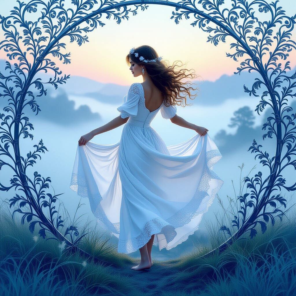 Girl in White Dress on Misty Morning Landscape