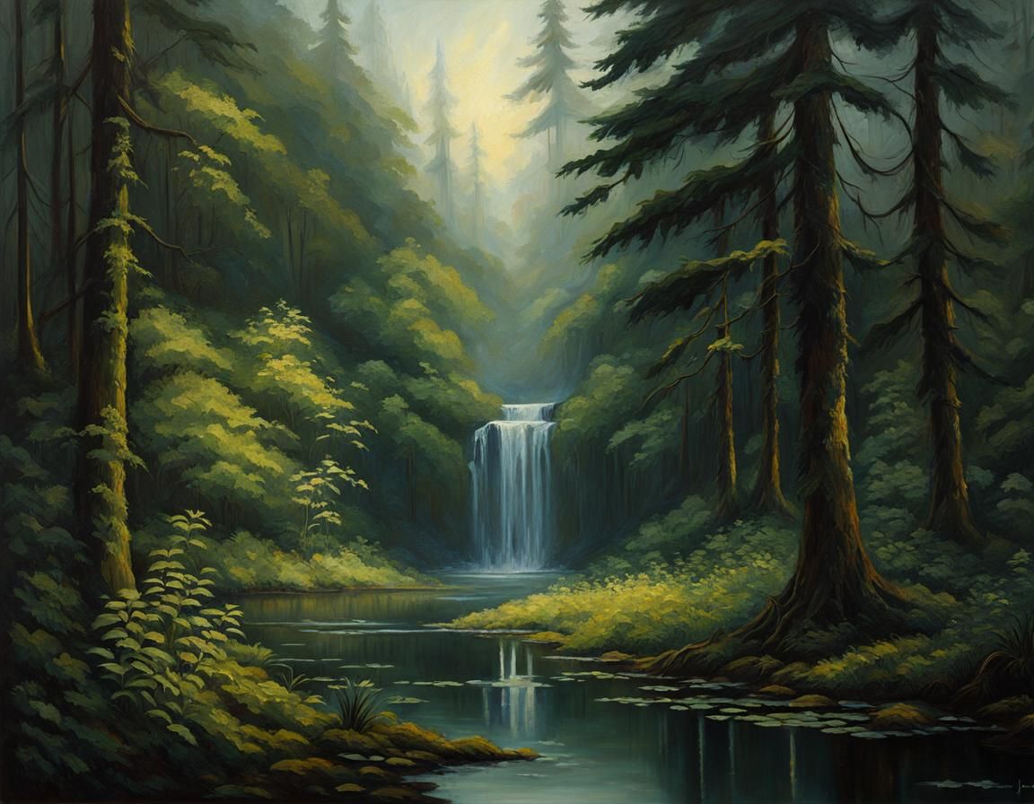 Lush Forest Grove with Waterfall in Impressionist Style