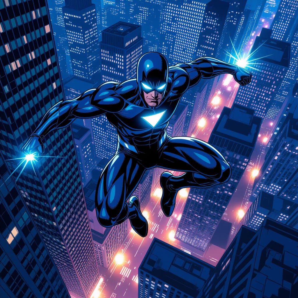 Superhero Leaps Across City at Night in Comic Book Style